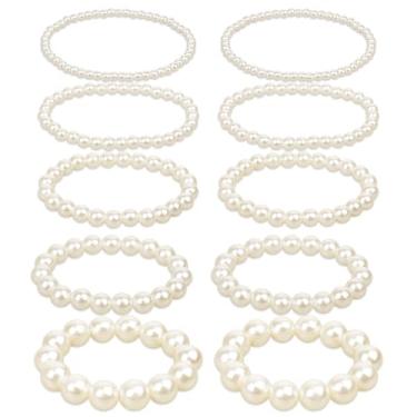Imagem de Alrhso 10 pulseiras de pérolas falsas, pulseira elástica de pérolas, pulseira de pérolas grossas, pulseiras brancas de estimulação de pérolas, bijuterias de fantasia para mulheres, casamento nupcial