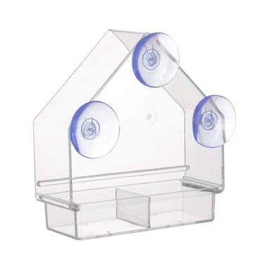 Imagem de Alimentador de pássaros transparente com ventosas super adesivas bandeja recarregável e removível resistente ao clima