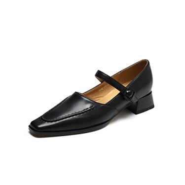 Imagem de TinaCus Sapato feminino de bico quadrado de couro legítimo feito à mão com fivela e salto baixo grosso, Preto, 39