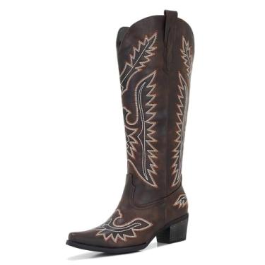 Imagem de Aizhenzm Botas de cowboy femininas plus size de panturrilha larga – Botas de cowgirl na altura do joelho ocidental com costura bordada clássica, design de puxar e salto grosso para conforto o dia todo