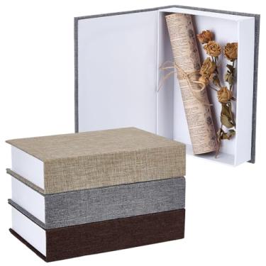 Imagem de PH PandaHall Pacote com 3 caixas de livros falsas, 21,8 x 15,2 cm, conjunto de caixas de livros decorativos de 3 cores, estopa de armazenamento de fazenda, livros falsos para prateleira, decoração de