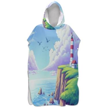 Imagem de Joisal Poncho de surfe para adultos trocador de roupas de banho com capuz toalhas absorventes para adultos ponchos para mulheres desenho animado farol azul mar