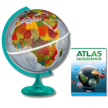 Imagem de GLOBO TERRESTRE FÍSICO POLÍTICO LUMINOSO BASE VERDE 30CM + ATLAS GEOGRÁFICO