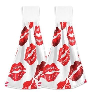 Imagem de Batom vermelho Kiss Marks toalhas de mão brancas personalizadas primavera com laço para pendurar toalhas de forno absorventes macias decoração de casa conjunto de toalhas de cozinha de 2, 45 x 35
