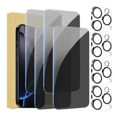 Imagem de Pacote com 4 + 4 protetores de tela para iPhone 16 Pro Max com protetor de lente de câmera cobertura total, película de vidro temperado anti-espião, dureza 9H, fácil instalação, sem bolhas [6,9