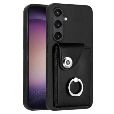 Imagem de LEMAXELERS Capa carteira para Samsung Galaxy A17 5G com compartimento para cartão de rotação de 360° anel suporte botão de pressão capa protetora à prova de choque para Samsung Galaxy A17 4G. Preto