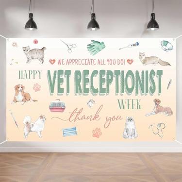 Imagem de Banner Vet Receptionist Week, 179.8 cm x 110.0 cm Thank You For All You Do Pano de fundo, decorações de apreciação veterinária para clínica de animais de estimação, escritório e placa de parede