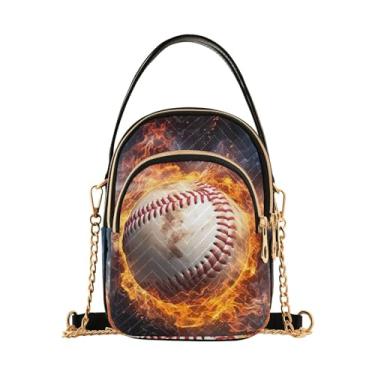 Imagem de A coruja fica à noite na frente de uma bolsa de ombro de lua cheia, bolsa transversal com alça removível, Bola de beisebol Through the Air With Fire-3, One Size