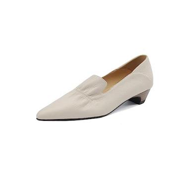 Imagem de TinaCus Mocassins femininos de couro genuíno feitos à mão com bico fino e plicado, Bege, 36