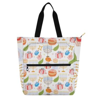 Imagem de GAIGEO Bolsas de trabalho femininas com símbolos tradicionais de Hanukkah Menorá em lona para escola de praia, presente para professores para amantes de livros