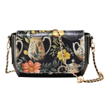 Imagem de Bolsa de ombro feminina aquarela azul e rosa, bolsa tiracolo feminina de couro, bolsas de couro transversais para mulheres, Bules e flores em cinza escuro-3, One Size