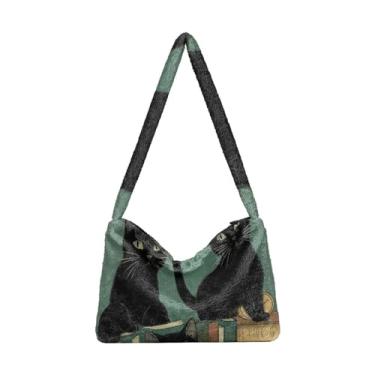 Imagem de Bolsa de ombro vermelha retrô preta com zíper, bolsa feminina para uso ao ar livre, Black Cat Vintage Book, One Size