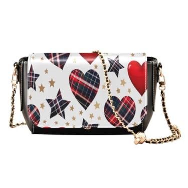 Imagem de Peônias rosa em listras pretas bolsas de couro transversais para mulheres, bolsa transversal de couro, bolsa tiracolo feminina de couro, Corações xadrez e estrelas em branco - 3, One Size