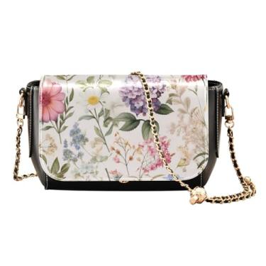 Imagem de Pink Donuts em uma bolsa tiracolo feminina preta com aba, bolsa de ombro de couro transversal, bolsa de couro para mulheres a tiracolo, Aquarela com muitas lindas flores - 3, One Size