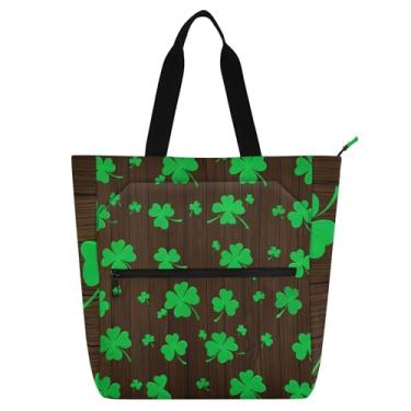 Imagem de St Lucky Clover Bolsa de trabalho marrom para mulheres, bolsa escolar de lona com zíper, bolsas reutilizáveis, presentes para amantes de livros