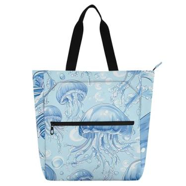 Imagem de Sacolas femininas Blue Jellyfish para trabalho, lona, escola, bolsa de livros, bolsas femininas infantis, presente para amantes de livros