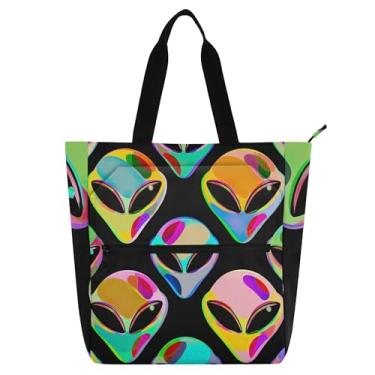 Imagem de GAIGEO Sacola feminina preta vibrante alienígena colorida para trabalho de lona com zíper bolsa de praia média com compartimentos