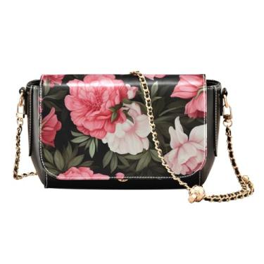 Imagem de Bolsa de ombro feminina de couro rosa e verde, bolsa de couro transversal para mulheres, bolsa de couro feminina com zíper, Floral com flores rosa em preto-1, One Size