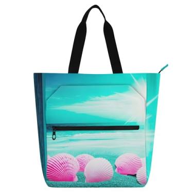 Imagem de GAIGEO Bolsas femininas Pink Seashells Sandy Beach Sun para trabalho, lona, praia, escola, bolsas médias com compartimentos