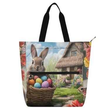 Imagem de GAIGEO Cesto de coelhinho fofo com ovos coloridos bolsas de trabalho para mulheres, bolsa de lona de tecido universitária, escola, bolsa de mão infantil com compartimentos