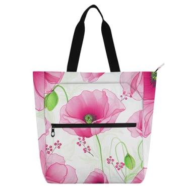 Imagem de GAIGEO Sacola de trabalho branca floral macia rosa papoulas para mulheres bolsa escolar de lona com zíper bolsa de professor com compartimentos