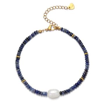 Imagem de JURYLOO Pulseiras femininas com contas de pedras naturais, pérolas de água doce, banhado a ouro 14 K, joia para presente, one size fits all, Pedra