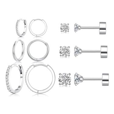Imagem de 6 pares de brincos de prata esterlina para vários piercings leves e pequenos brincos de argola de pressão com parte traseira plana de aço cirúrgico CZ brincos para mulheres cartilagem moderna