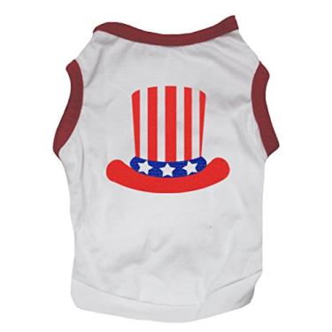 Imagem de Petitebella American Hat Camisa de algodão branca Roupas para cães (PP, bainha vermelha)