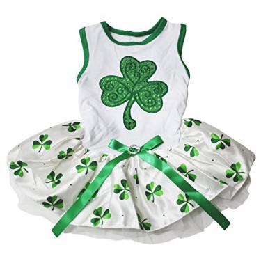 Imagem de Petitebella Vestido de cachorro com trevo de lantejoulas verdes (branco/trevo (laço verde), PP)