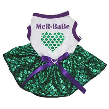 Imagem de Petitebella Mer-Babe Camisa Branca Coração Bling Verde Sereia Tutu Vestido para Cachorro (Bainha Roxa, 3GG)