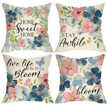 Imagem de Fjfz Capa de almofada decorativa floral primavera verão 45 x 45 conjunto de 4, rosa azul flor casa doce lar varanda exterior decoração de casa, Stay Awhile Live Life in Full Bloom sofá capa de