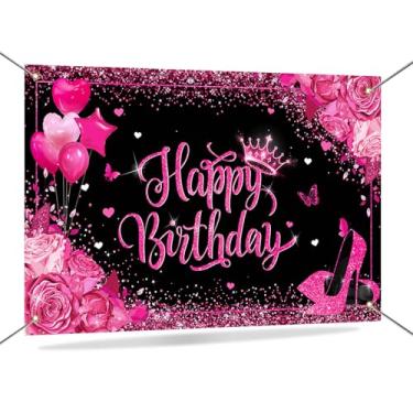 Imagem de Mocsicka Banner rosa feliz aniversário pano de fundo feminino ouro rosa meninas decoração pano de fundo adereços cabine foto 70,8 x 43,3 polegadas