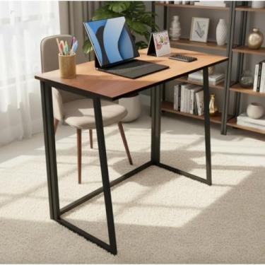 Imagem de Escrivaninha Dobrável ou Fixa Estilo Industrial para Computador e Notebook – Mesa Compacta Portátil para Home Office e Estudo(Madeira - articulada)