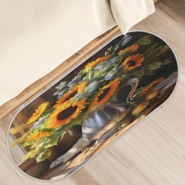 Imagem de Tapete oval fofo e macio, buquê de girassol, tapete felpudo para sofá, quarto, berçário, tapete oval para sala de estar, cozinha, banheiro, decoração de casa, 0,5 x 1,2 m, girassol