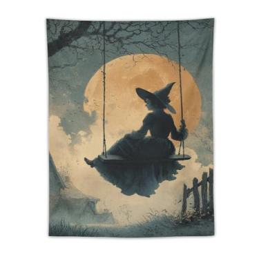 Imagem de Tapeçaria assustadora de Halloween bruxa no balanço laranja lua cheia campo assustador decoração de parede sala de estar quarto decoração de casa exclusivo tecido pendurado tapeçaria 76 x 101 cm