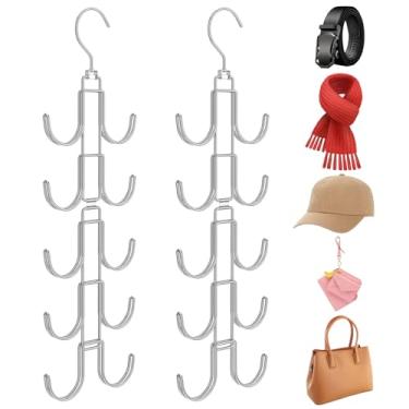 Imagem de Pacote com 2 cabides que economizam espaço, suporte de bolsa de pendurar de 5 camadas com 10 ganchos grandes, rotação de 360 graus, organizador de bolsas para chapéus, carteiras, coletes, cachecóis