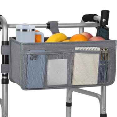 Imagem de Cesta para andador dobrável com suporte de copo, bolsa de armazenamento dobrável removível, grande capacidade de armazenamento para idosos, acessório de transporte, Cinza, 16.5 inches (L) x 5.7 inches