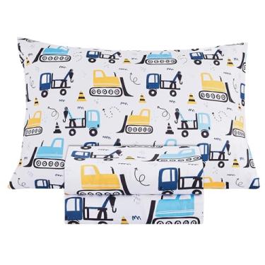 Imagem de Mooreeke Jogo de lençol solteiro para crianças, meninos, caminhão, escavadeira, estampa de microfibra macia