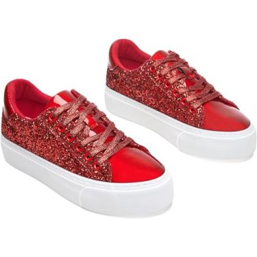 Imagem de AISFAES Tênis feminino com plataforma com glitter, cadarço brilhante, grosso, moderno, cano baixo, confortável, metálico, lantejoulas, tênis de caminhada, Glitter vermelho, 37
