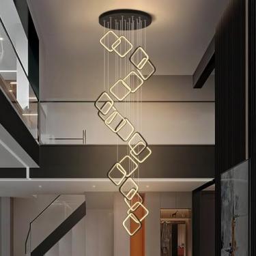 Imagem de Lustre moderno de LED para escada, em alumínio preto, com altura ajustável e anéis elegantes, dimerizável, ideal para escadas de casas, salas de jantar e salas de estar com pé direito alto (