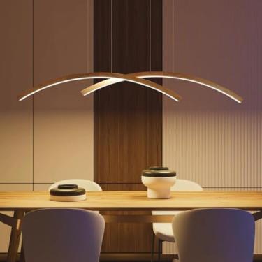 Imagem de Lustre de madeira com LED, luminária pendente para mesa de jantar, dimerizável, com controle remoto e altura ajustável. Ideal para sala de estar, quarto e sala de jantar. Luminária de madeir