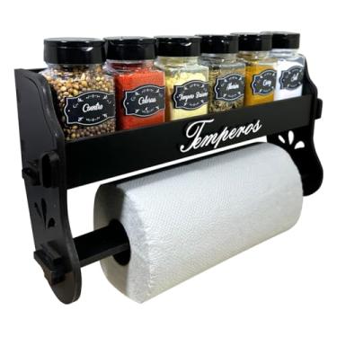 Imagem de Porta Temperos/Condimentos kit 06 potes quadrado c/Tampa Dosadora + Suporte papel toalha + Adesivos