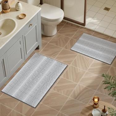 Imagem de ComiComi Tapetes de banho cinza de pelúcia pompom super absorvente conjunto de tapetes de banheiro 2 peças antiderrapante lavável à máquina tapete de banho para piso de banheiro secagem rápida 40,6 cm