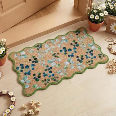 Imagem de Dunzy Capacho de folhas de eucalipto, verde, borda recortada, bem-vindo, imitação de coco, folhas de mola, tapete antiderrapante, tapetes decorativos para ambientes internos e externos, casa, entrada