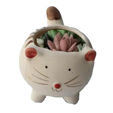 Imagem de WENDIN Lindo vaso de cerâmica para suculentas, pequeno vaso interno em forma de animal, lindos vasos de flores de cacto com drenagem para mesa de escritório e decoração de jardim doméstico (gato