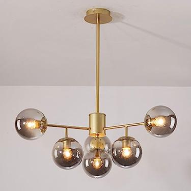Imagem de Lustre de teto com várias lâmpadas, luminária pendente com esfera de vidro cinza fumê, design criativo para ambientes internos, ideal para sala de estar, quarto e sala de jantar (haste de 20
