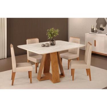 Imagem de Conjunto: Mesa Sala Jantar Celeste c/ Tampo Madeirado c/ Vidro Curvo 120x90cm e 4 Cadeiras Lia Freijo/Off White - Suede Kraft - DJ Móveis