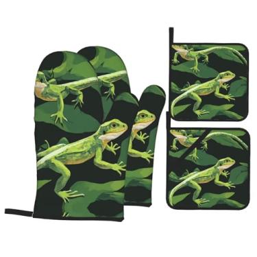Imagem de Conjunto de luvas de forno estampadas Crocodile Foraging Again, conjunto de 4 peças adequado para grelhar, cozinhar e assar