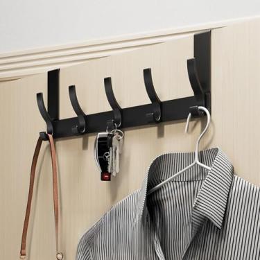 Imagem de Ganchos sobre a porta com 5 ganchos, cabide de porta resistente preto para guarda-chuvas, bolsas, roupas, toalhas, design alargado para portas grossas de 4,5 a 3,5 cm