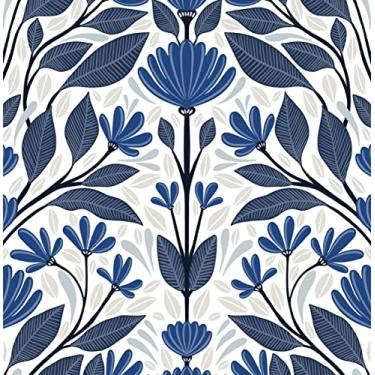 Imagem de NextWall Papel de parede folk floral Peel and Stick (safira azul e pavestone)